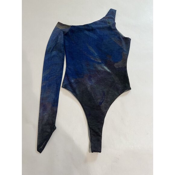 FARAI London Alaula One Shoulder Mesh Bodysuit in Blue - Picture 3 of 4